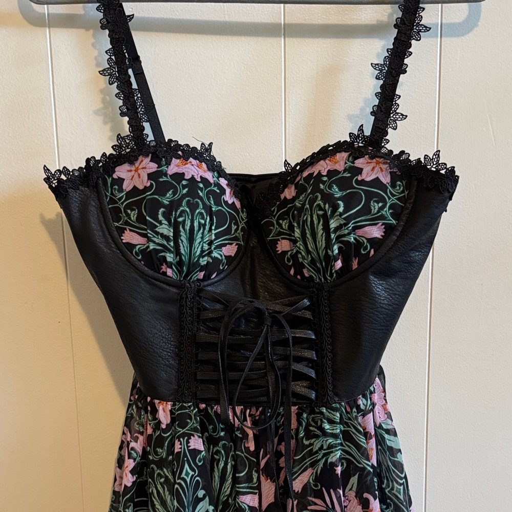 Dolls Kill Black and Pink Floral Corset Mini Dress - Picture 2 of 5